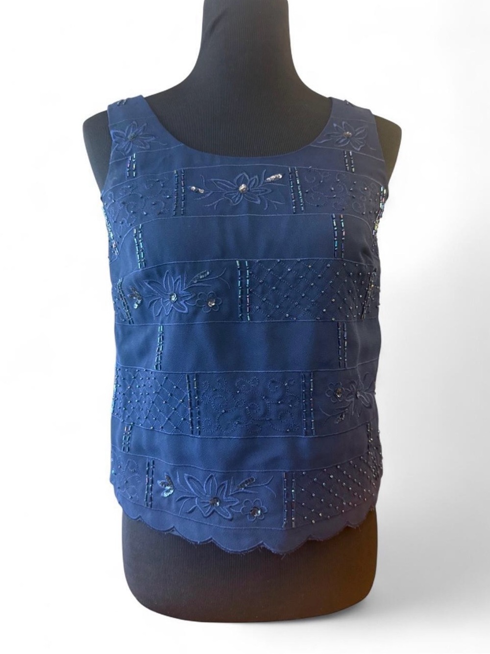 R&M Richards Navy Embroidered Beaded Sleeveless Camisole
